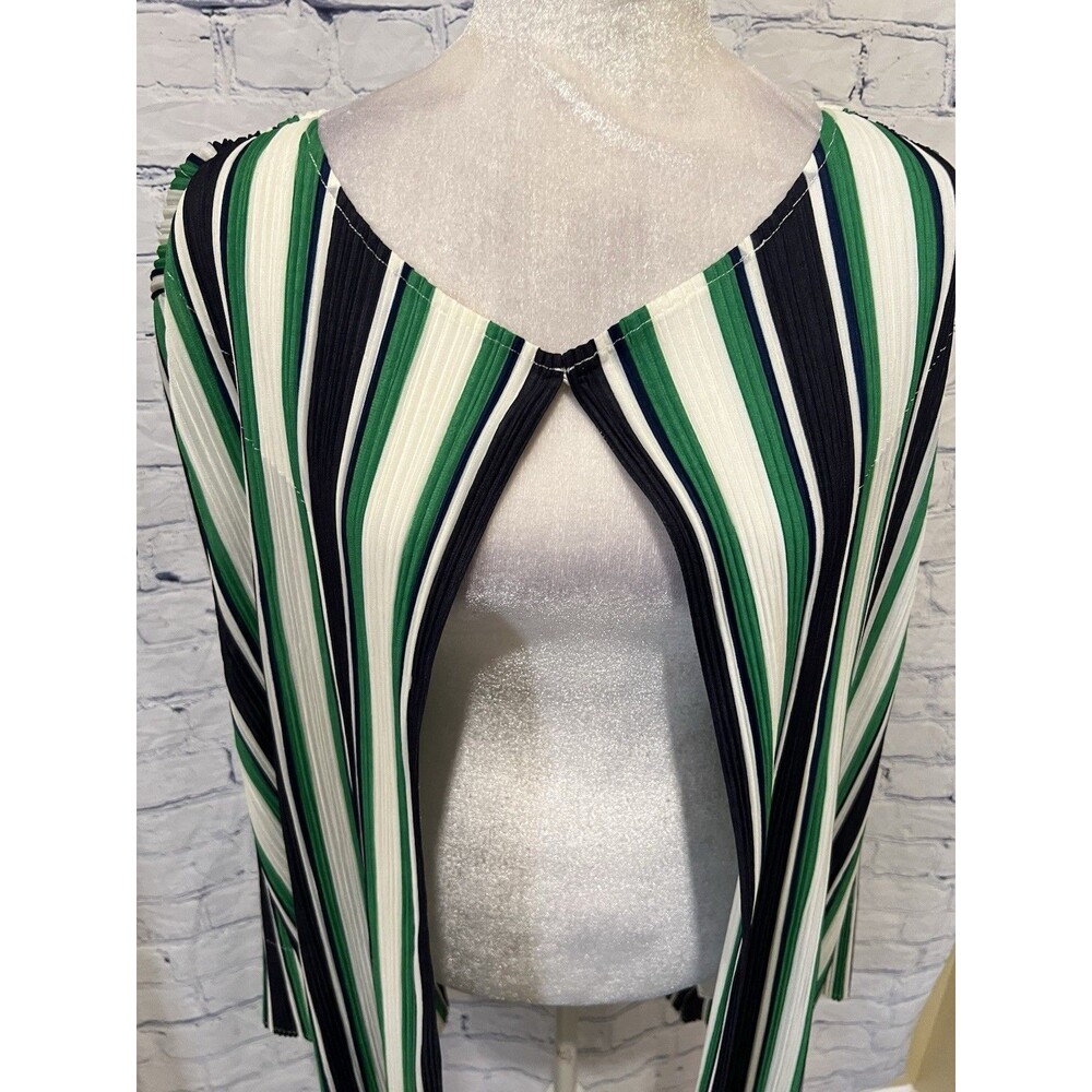 Chico's Travelers 3 XL 16-18 Green & Blue Striped Open Front Pleated Long Jacket - Picture 2 of 9